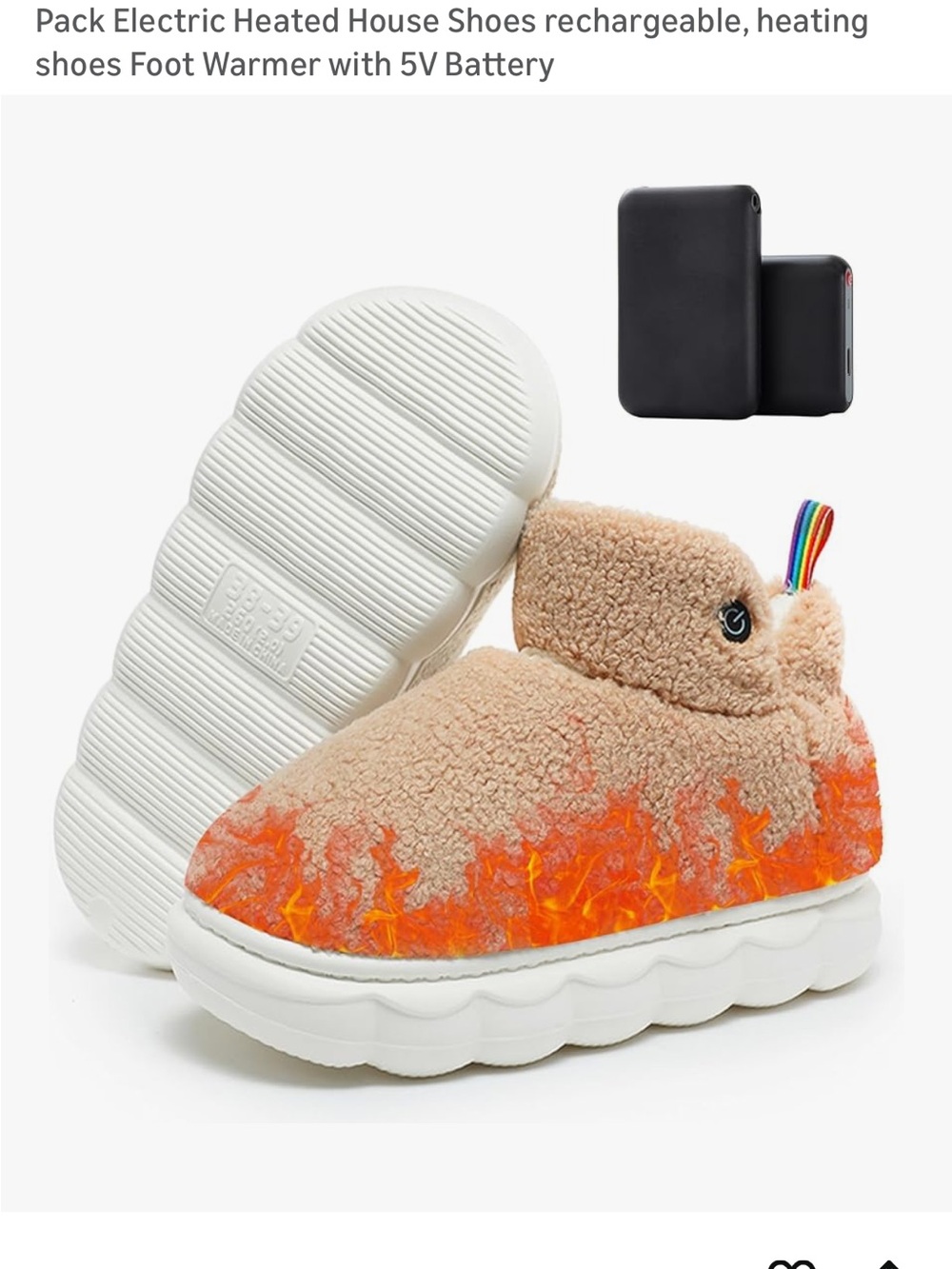 Cozy Heated Women's Slippers in Beige with Orange Flame Accent - Sz 8